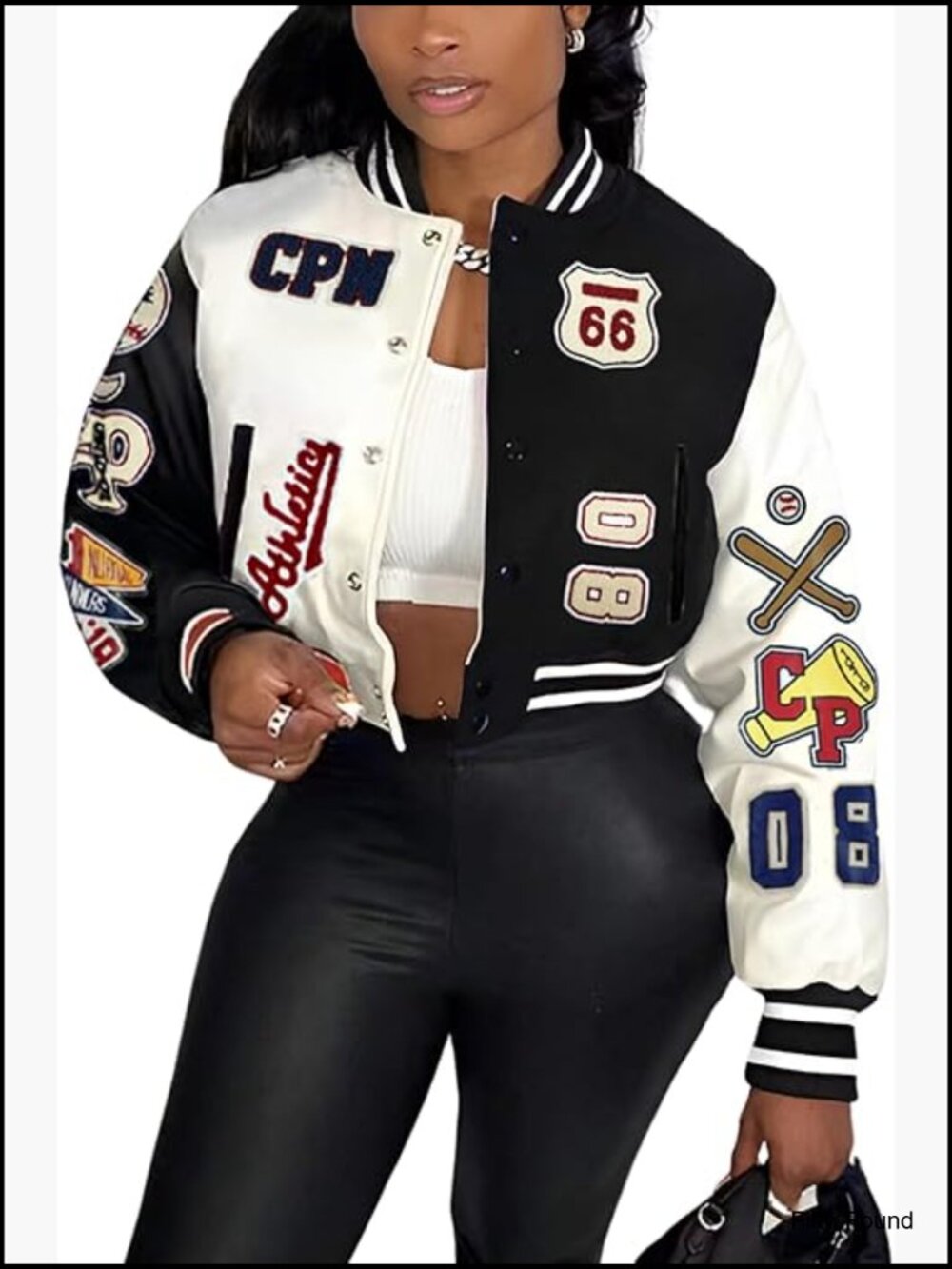 Varsity Jacket Cropped Bomber with Patches Print Faux Leather Long Sleeve